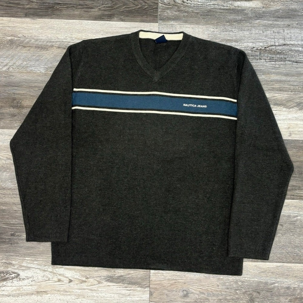 Vintage Y2K Nautica Jeans Grey Mens L Chest Stripe V-Neck Knit Pullover Sweater - Picture 2 of 8